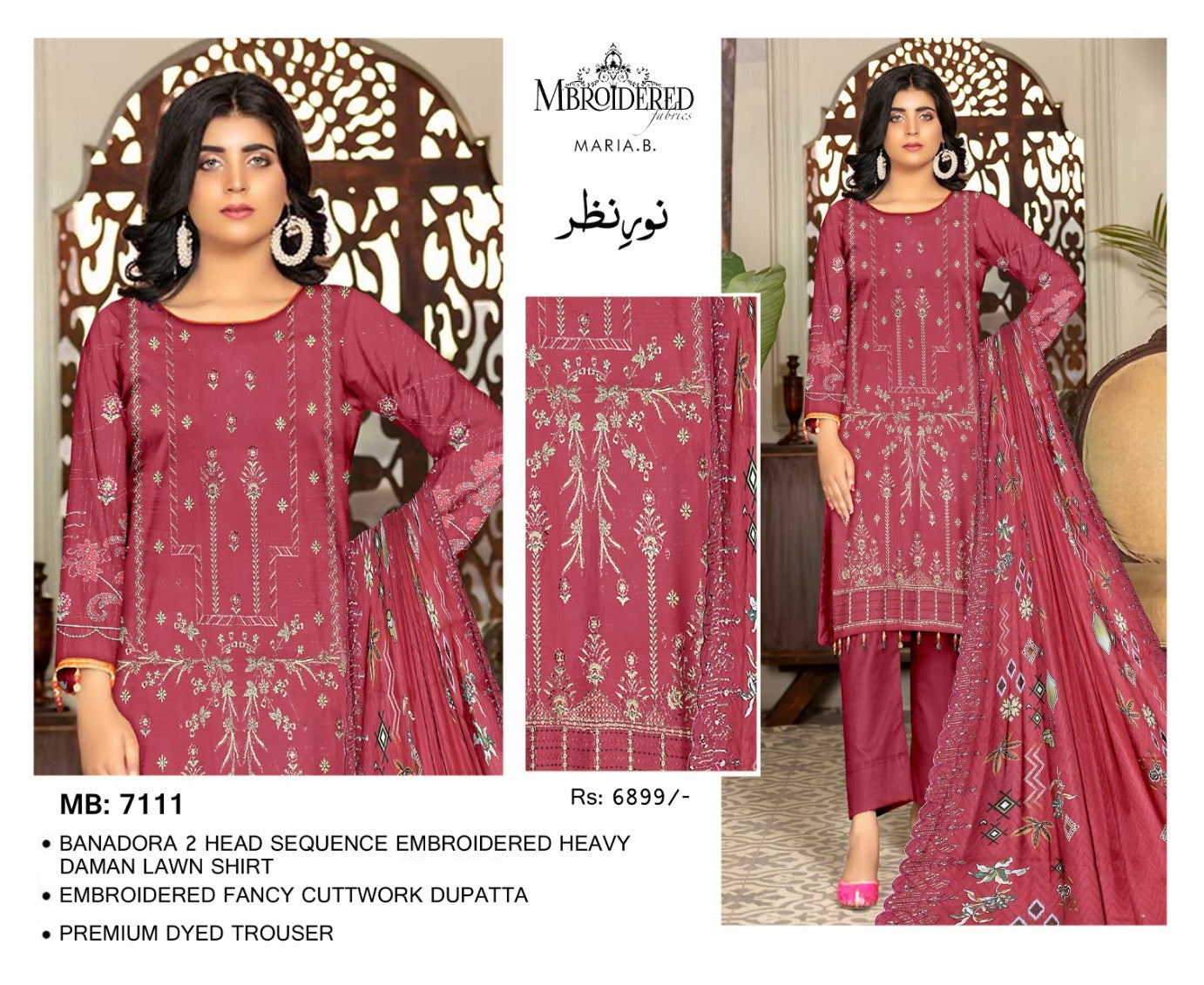 NUREH NAZAR – Original Tea Pink 3PC Embroidered Suit