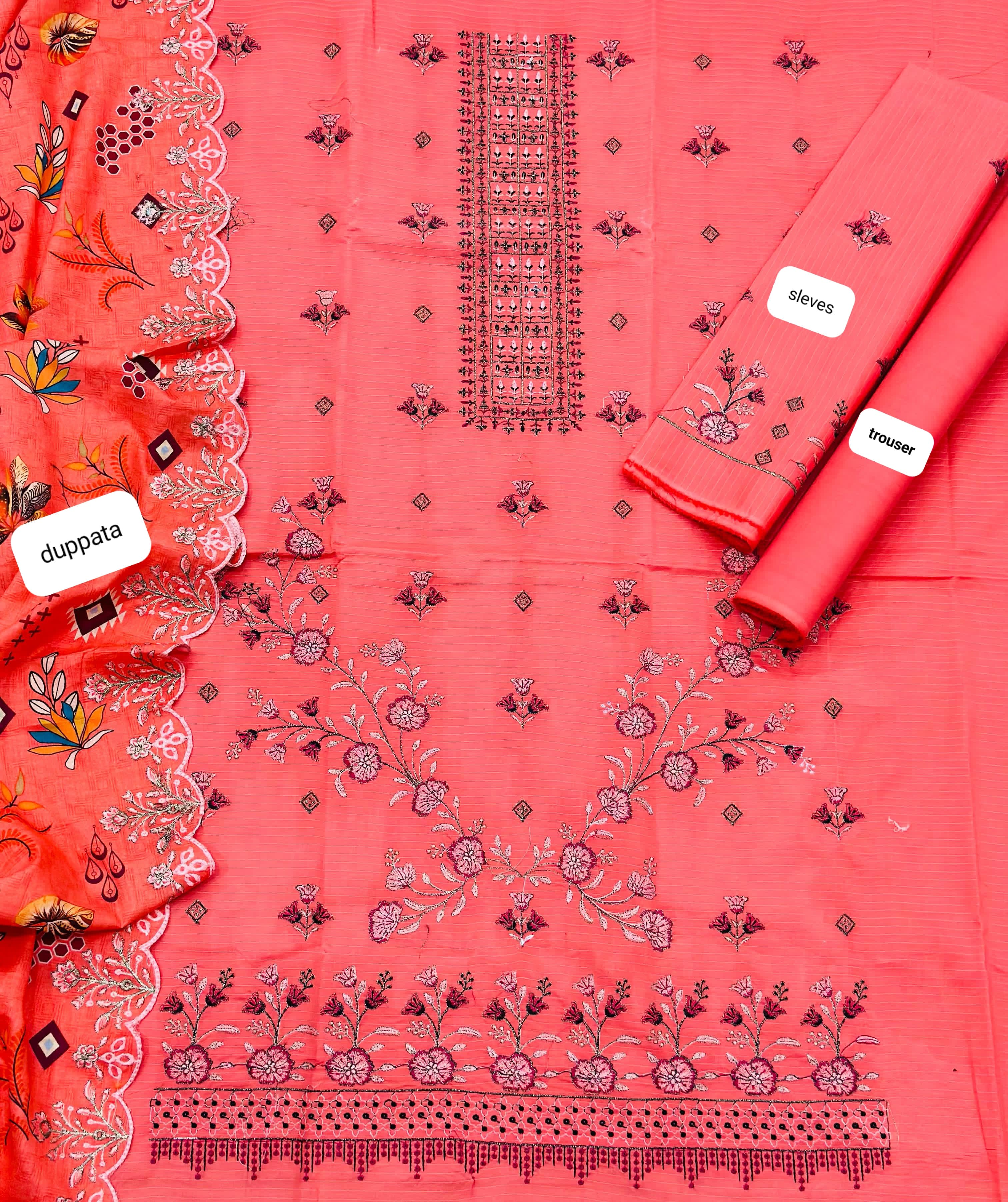 NUREH NAZAR – Original Peach Color 3PC Embroidered Suit