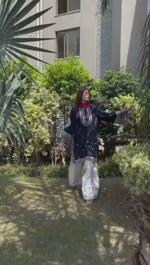 💙 Jazmin Winter Charm Collection – Heavy Embroidered 3PC Suit in Navy Blue with Printed Shawl Dupatta | Trending Hit Code 💙