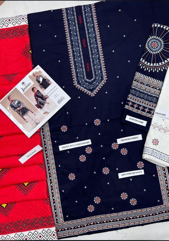 💙 Jazmin Winter Charm Collection – Heavy Embroidered 3PC Suit in Navy Blue with Printed Shawl Dupatta | Trending Hit Code 💙